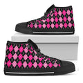 Deep Pink And Black Argyle Pattern Print Black High Top Sneakers