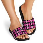 Deep Pink And Black Argyle Pattern Print Black Slide Sandals