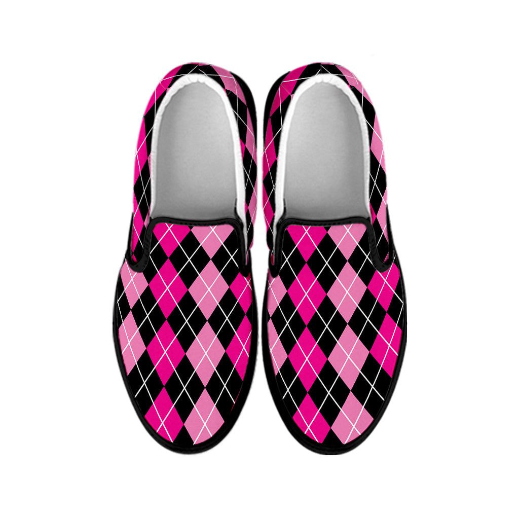 Deep Pink And Black Argyle Pattern Print Black Slip On Shoes