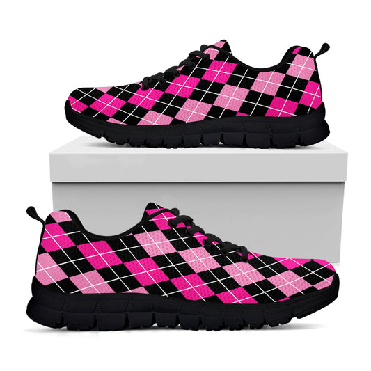 Deep Pink And Black Argyle Pattern Print Black Sneakers