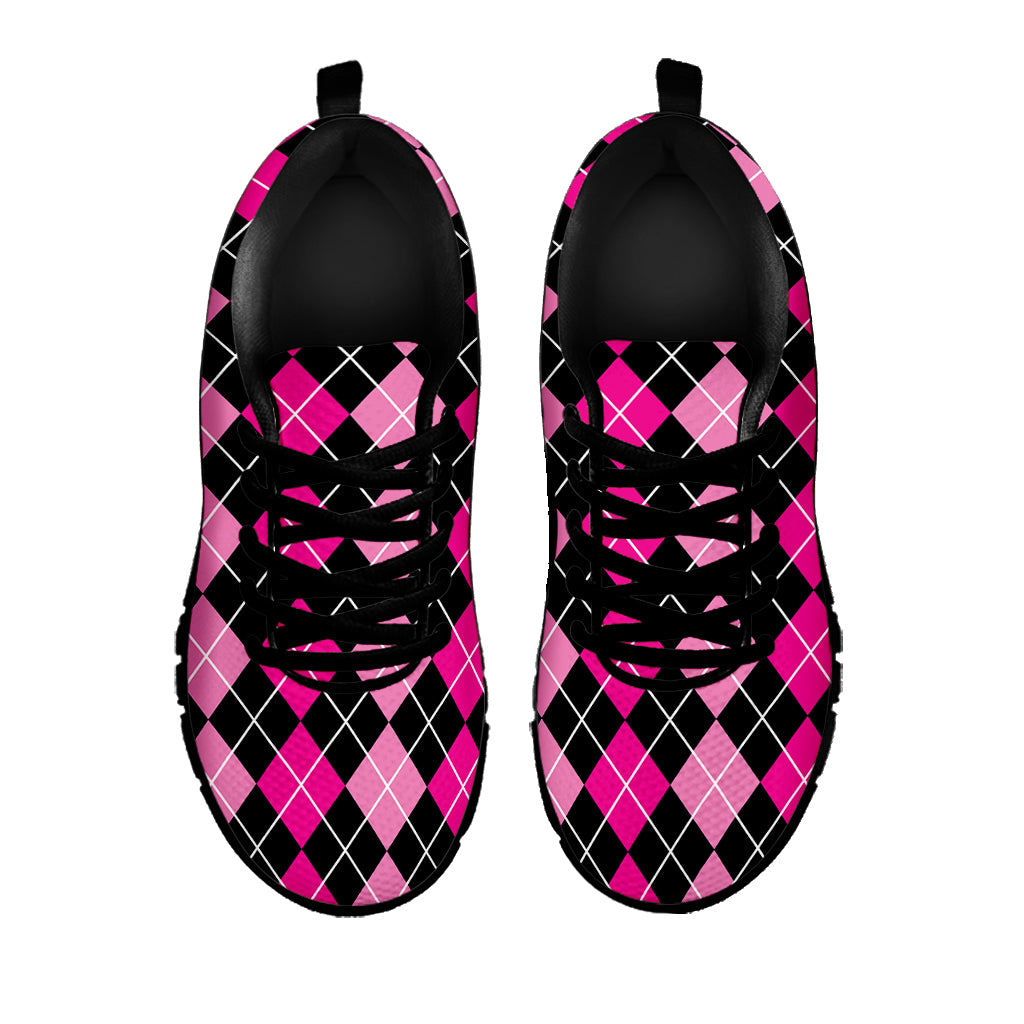 Deep Pink And Black Argyle Pattern Print Black Sneakers