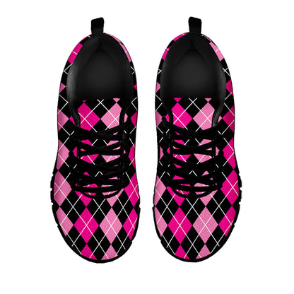 Deep Pink And Black Argyle Pattern Print Black Sneakers