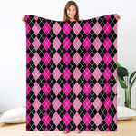 Deep Pink And Black Argyle Pattern Print Blanket