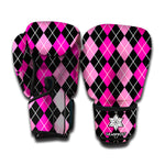 Deep Pink And Black Argyle Pattern Print Boxing Gloves