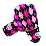 Deep Pink And Black Argyle Pattern Print Boxing Gloves