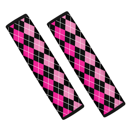 Deep Pink And Black Argyle Pattern Print Car Seat Belt Covers