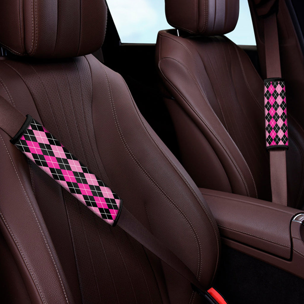 Deep Pink And Black Argyle Pattern Print Car Seat Belt Covers