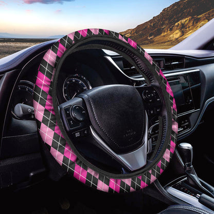 Deep Pink And Black Argyle Pattern Print Car Steering Wheel Cover