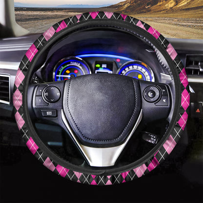 Deep Pink And Black Argyle Pattern Print Car Steering Wheel Cover