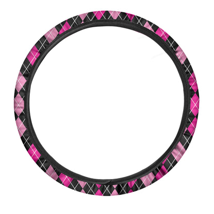 Deep Pink And Black Argyle Pattern Print Car Steering Wheel Cover