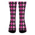 Deep Pink And Black Argyle Pattern Print Crew Socks