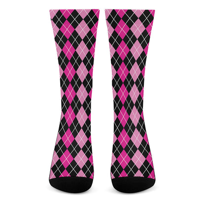 Deep Pink And Black Argyle Pattern Print Crew Socks
