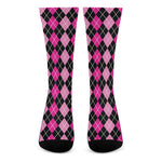 Deep Pink And Black Argyle Pattern Print Crew Socks