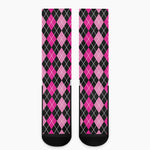 Deep Pink And Black Argyle Pattern Print Crew Socks