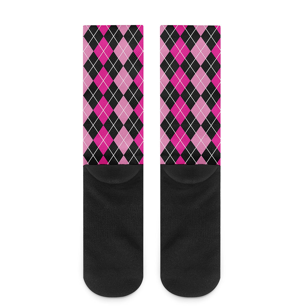 Deep Pink And Black Argyle Pattern Print Crew Socks