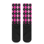 Deep Pink And Black Argyle Pattern Print Crew Socks