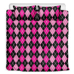 Deep Pink And Black Argyle Pattern Print Duvet Cover Bedding Set