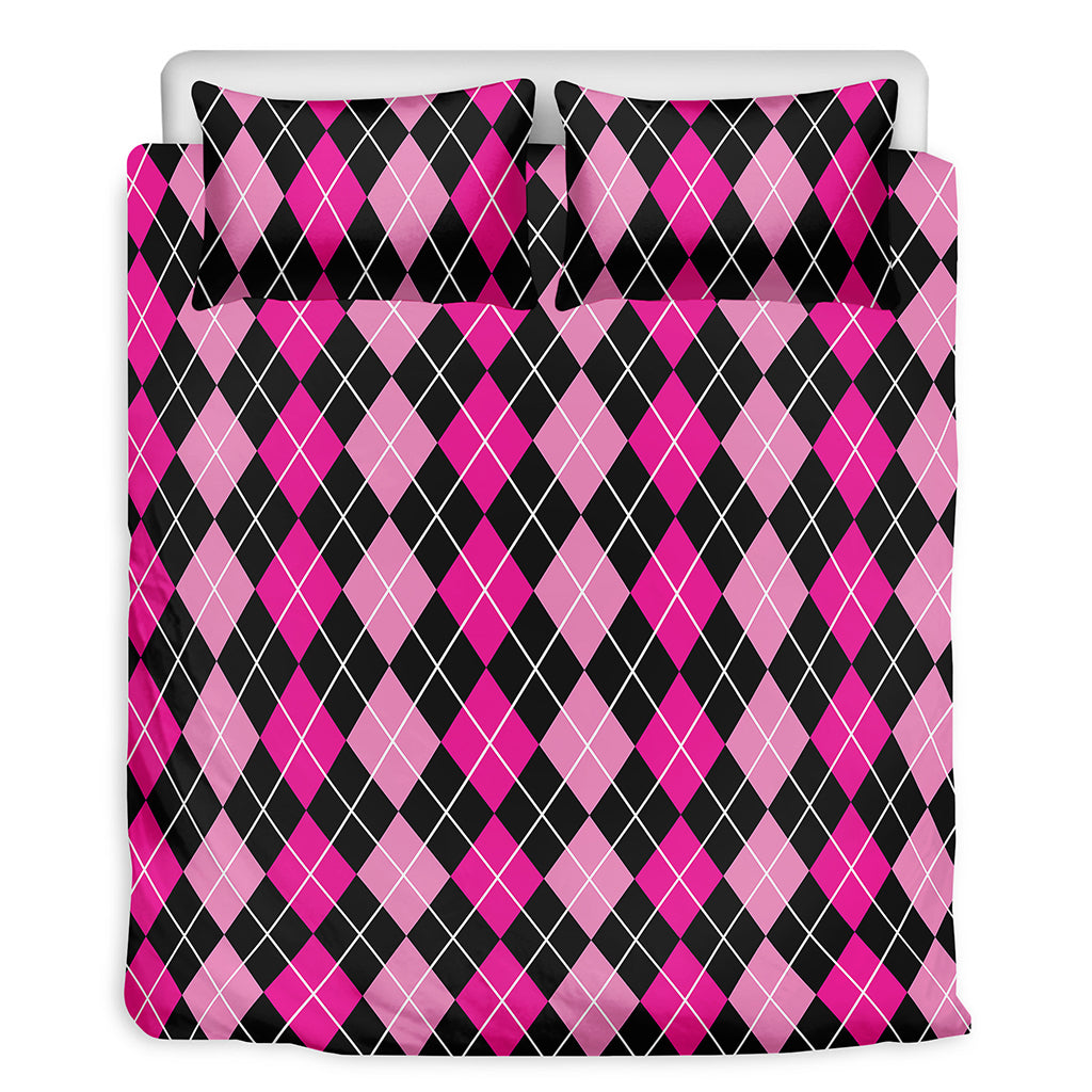 Deep Pink And Black Argyle Pattern Print Duvet Cover Bedding Set