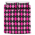 Deep Pink And Black Argyle Pattern Print Duvet Cover Bedding Set
