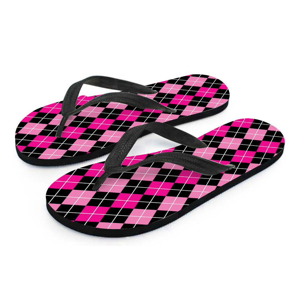 Deep Pink And Black Argyle Pattern Print Flip Flops