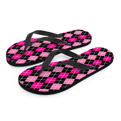 Deep Pink And Black Argyle Pattern Print Flip Flops