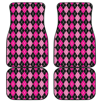 Deep Pink And Black Argyle Pattern Print Front and Back Car Floor Mats