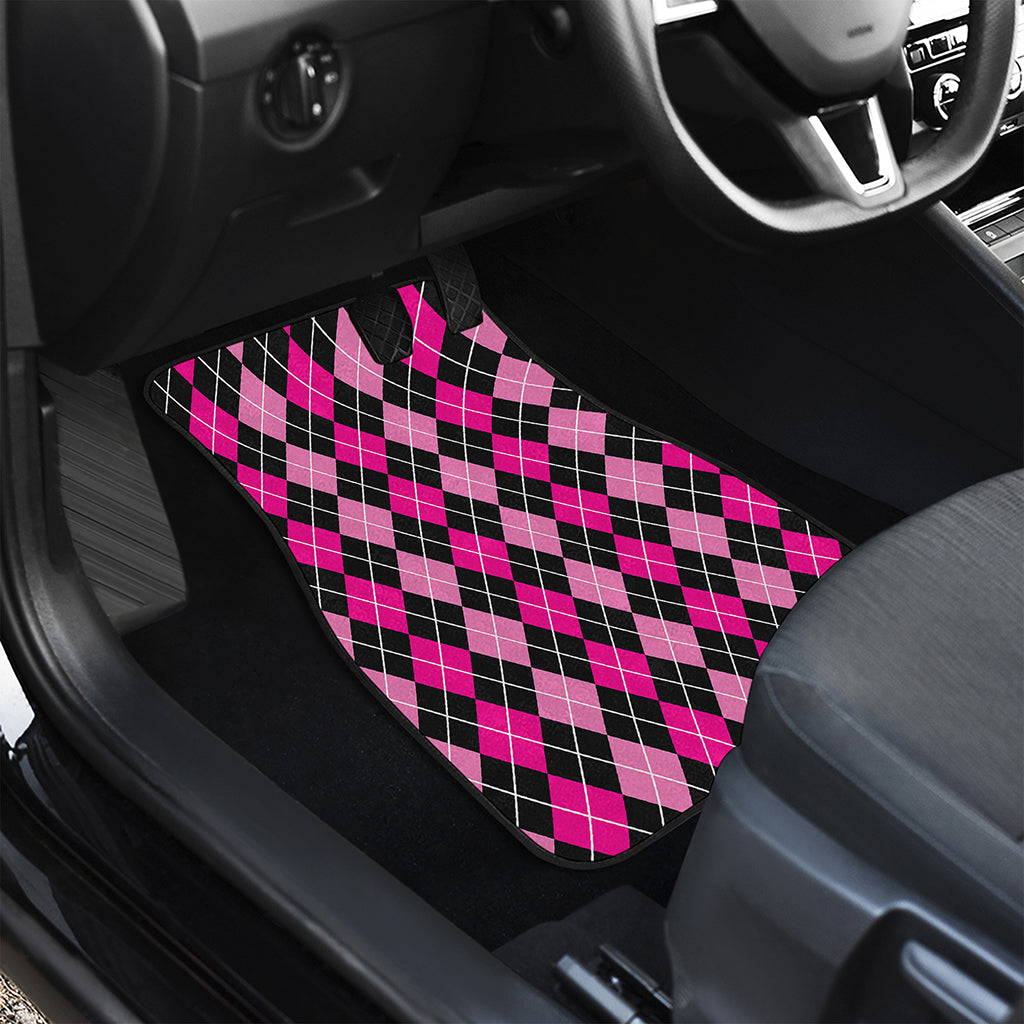 Deep Pink And Black Argyle Pattern Print Front and Back Car Floor Mats