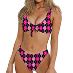 Deep Pink And Black Argyle Pattern Print Front Bow Tie Bikini