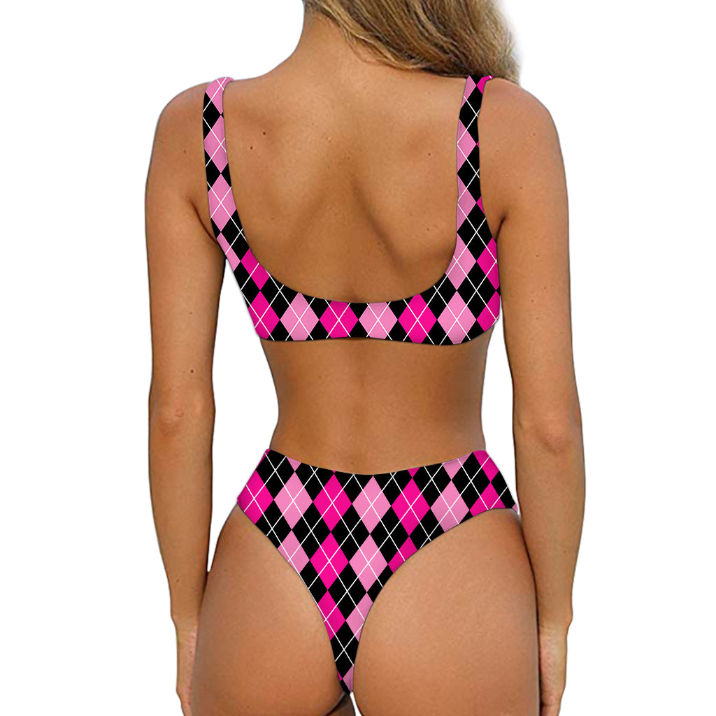 Deep Pink And Black Argyle Pattern Print Front Bow Tie Bikini