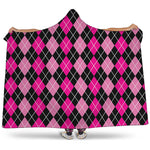 Deep Pink And Black Argyle Pattern Print Hooded Blanket
