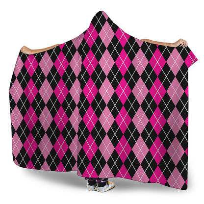 Deep Pink And Black Argyle Pattern Print Hooded Blanket