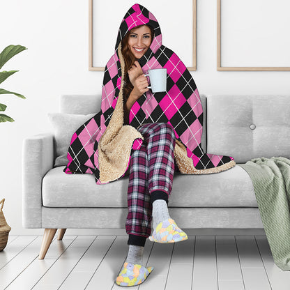 Deep Pink And Black Argyle Pattern Print Hooded Blanket