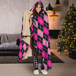 Deep Pink And Black Argyle Pattern Print Hooded Blanket