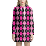 Deep Pink And Black Argyle Pattern Print Hoodie Dress
