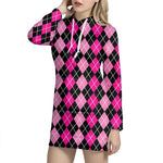 Deep Pink And Black Argyle Pattern Print Hoodie Dress