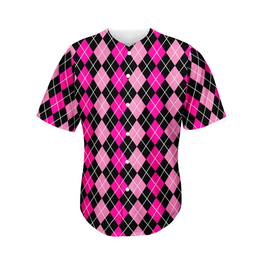 Deep Pink And Black Argyle Pattern Print Men's Baseball Jersey
