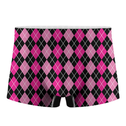 Deep Pink And Black Argyle Pattern Print Men's Boxer Briefs