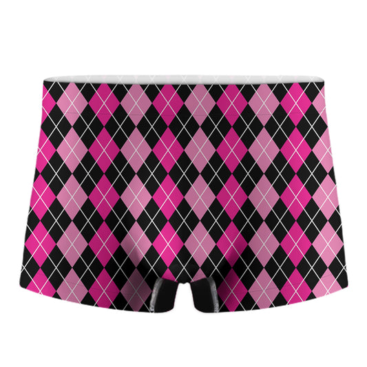 Deep Pink And Black Argyle Pattern Print Men's Boxer Briefs