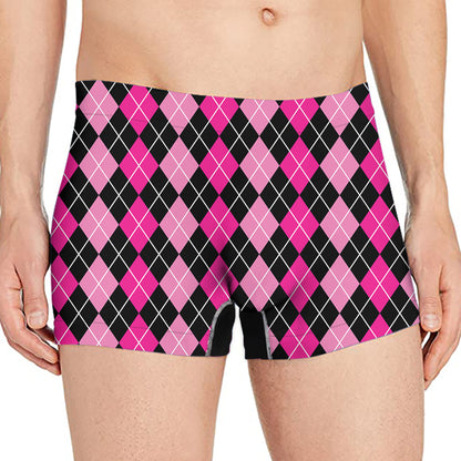 Deep Pink And Black Argyle Pattern Print Men's Boxer Briefs