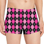 Deep Pink And Black Argyle Pattern Print Men's Boxer Briefs