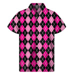 Deep Pink And Black Argyle Pattern Print Men's Short Sleeve Shirt