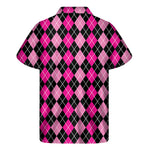 Deep Pink And Black Argyle Pattern Print Men's Short Sleeve Shirt