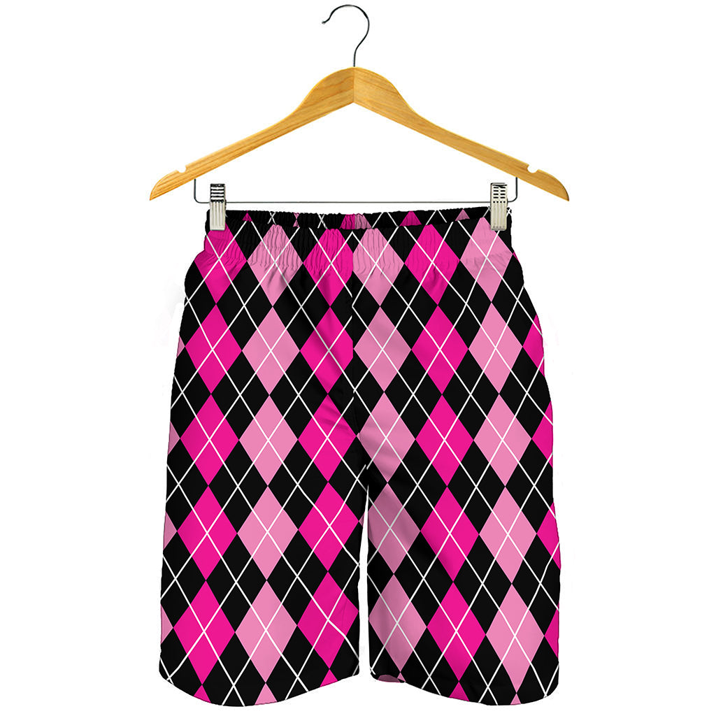 Deep Pink And Black Argyle Pattern Print Men's Shorts