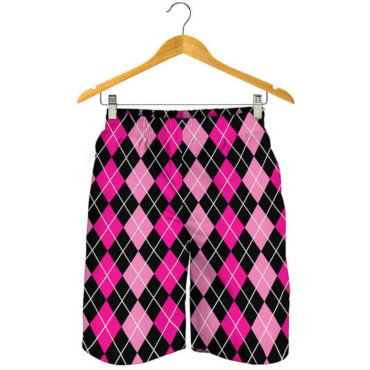 Deep Pink And Black Argyle Pattern Print Men's Shorts