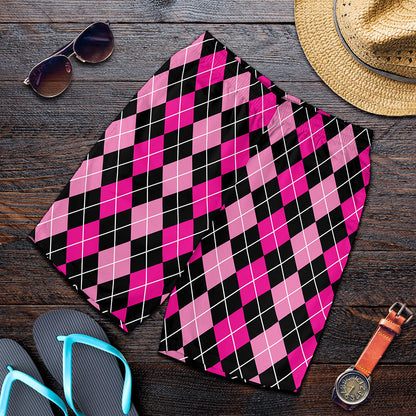 Deep Pink And Black Argyle Pattern Print Men's Shorts