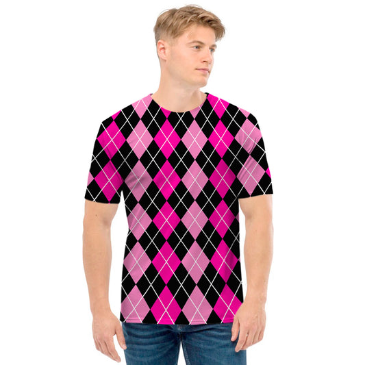 Deep Pink And Black Argyle Pattern Print Men's T-Shirt