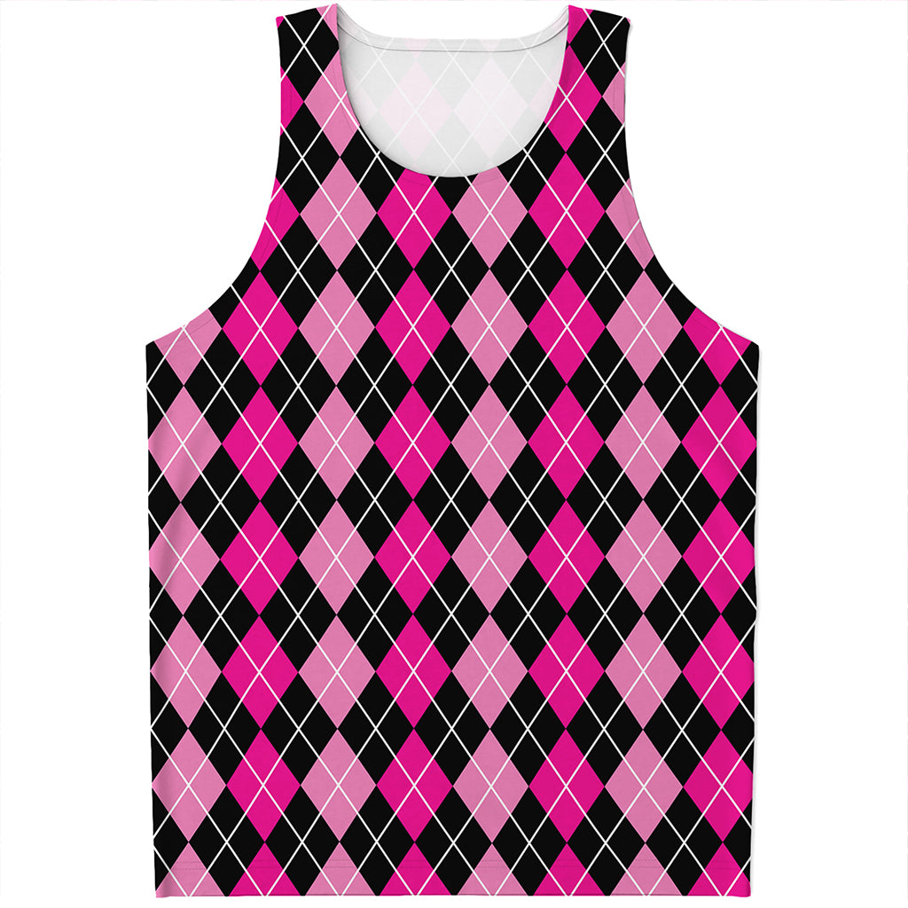 Deep Pink And Black Argyle Pattern Print Men's Tank Top