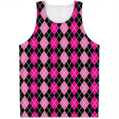 Deep Pink And Black Argyle Pattern Print Men's Tank Top