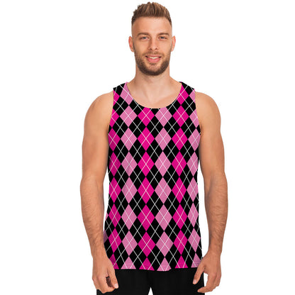 Deep Pink And Black Argyle Pattern Print Men's Tank Top