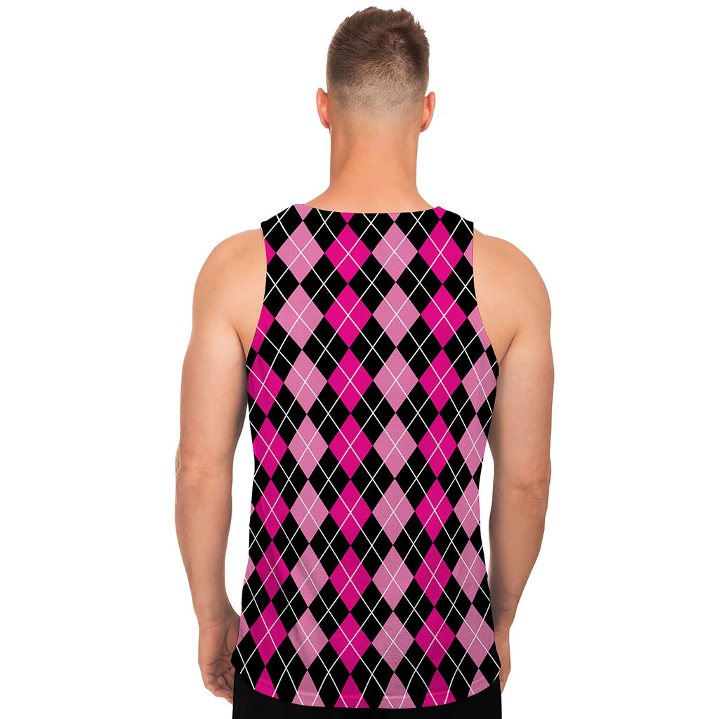 Deep Pink And Black Argyle Pattern Print Men's Tank Top